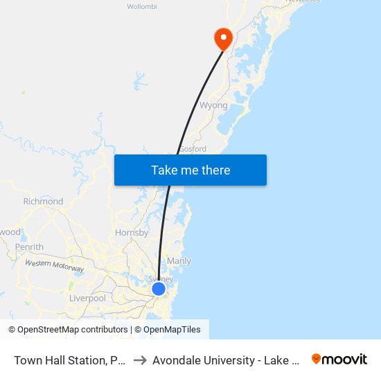 Town Hall Station, Park St, Stand J to Avondale University - Lake Macquarie Campus map