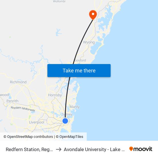 Redfern Station, Regent St, Stand C to Avondale University - Lake Macquarie Campus map