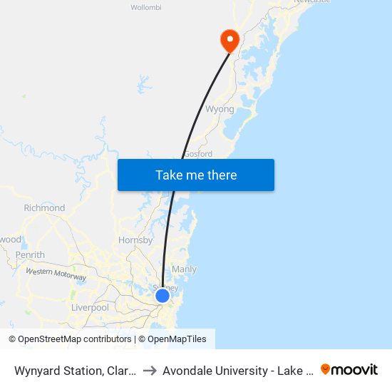 Wynyard Station, Clarence St, Stand S to Avondale University - Lake Macquarie Campus map