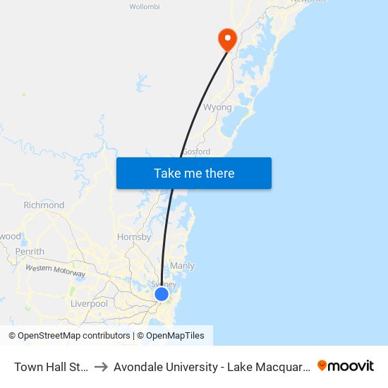 Town Hall Station to Avondale University - Lake Macquarie Campus map