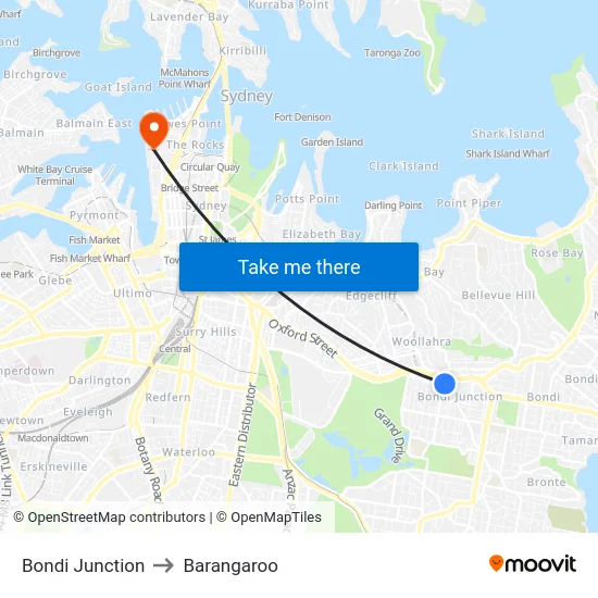 Bondi Junction to Barangaroo map