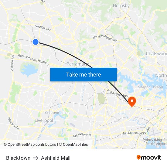 Blacktown to Ashfield Mall map