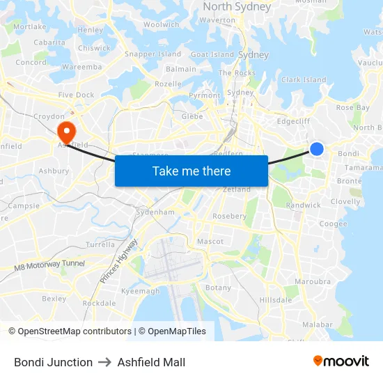 Bondi Junction to Ashfield Mall map