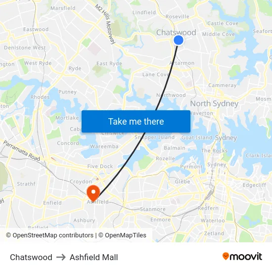 Chatswood to Ashfield Mall map