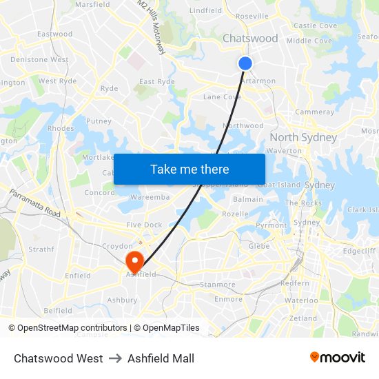 Chatswood West to Ashfield Mall map