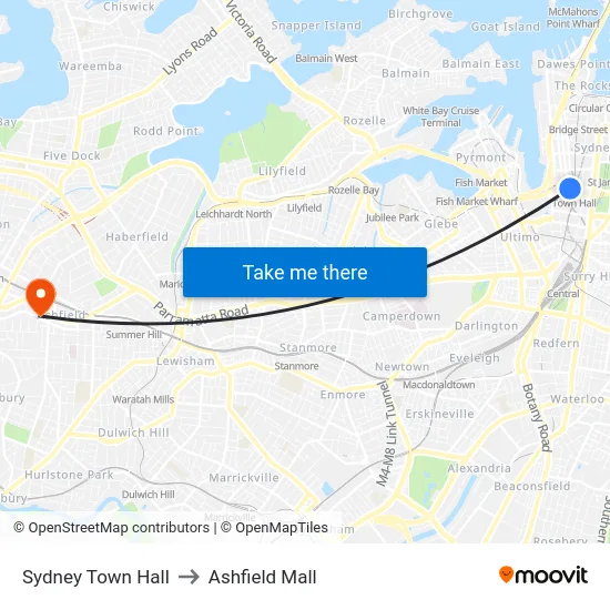 Sydney Town Hall to Ashfield Mall map