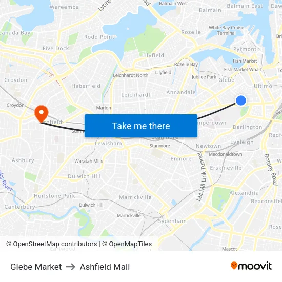 Glebe Market to Ashfield Mall map