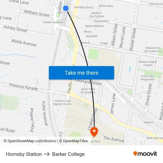Hornsby Station to Barker College map