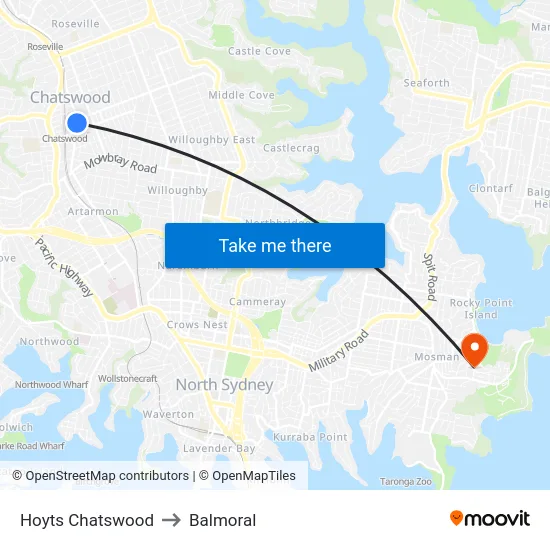 Hoyts Chatswood to Balmoral map