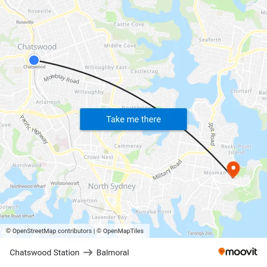 Chatswood Station to Balmoral map