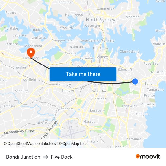 Bondi Junction to Five Dock map