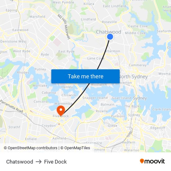 Chatswood to Five Dock map