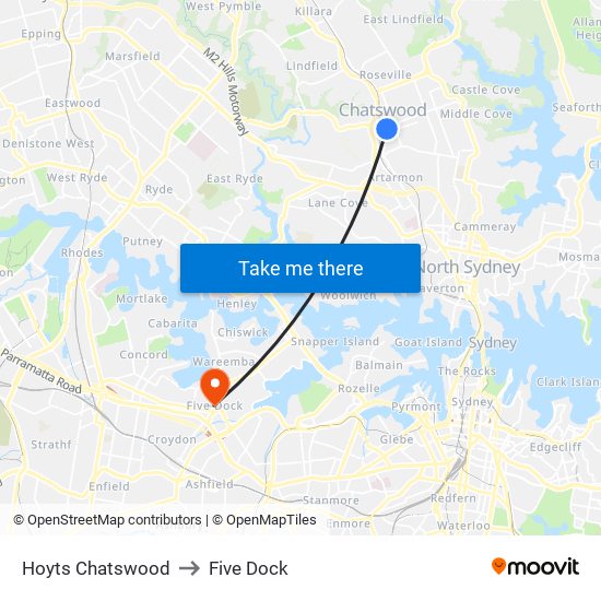 Hoyts Chatswood to Five Dock map