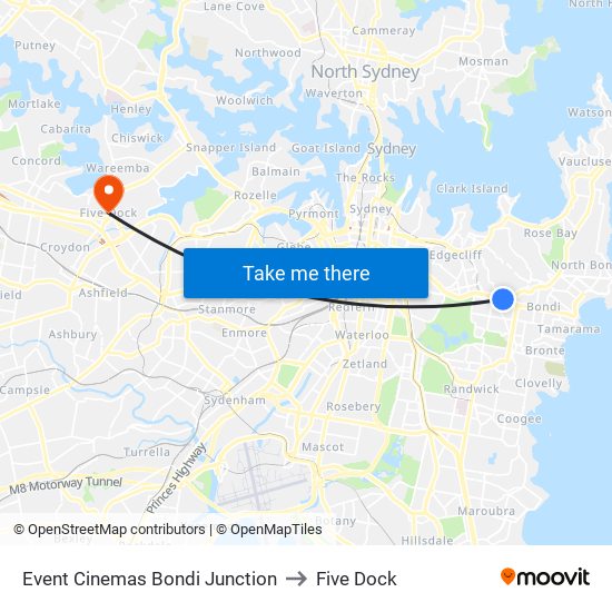 Event Cinemas Bondi Junction to Five Dock map