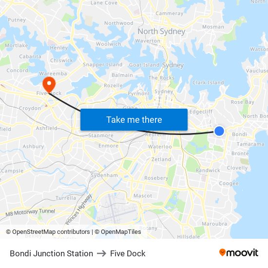 Bondi Junction Station to Five Dock map