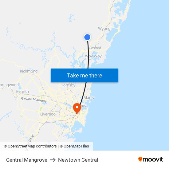 Central Mangrove to Newtown Central map