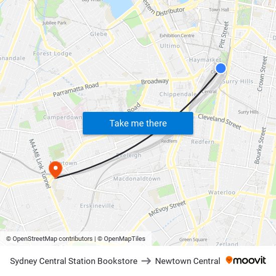 Sydney Central Station Bookstore to Newtown Central map