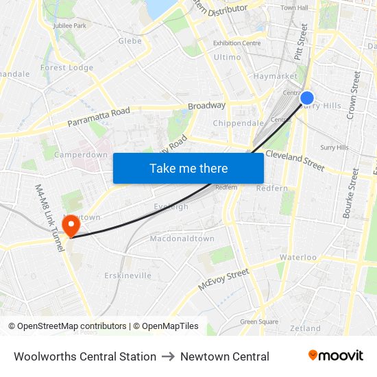 Woolworths Central Station to Newtown Central map