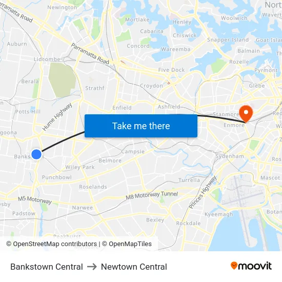 Bankstown Central to Newtown Central map