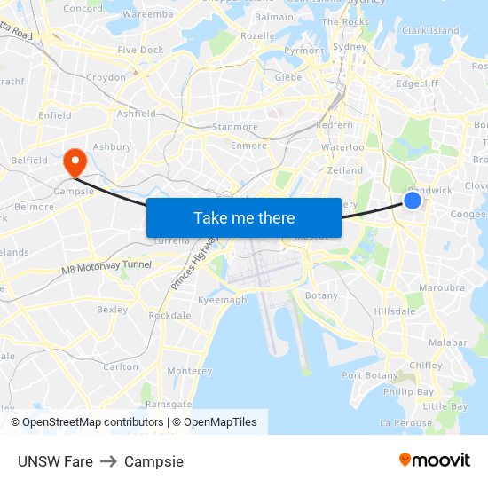 Unsw Fare to Campsie map