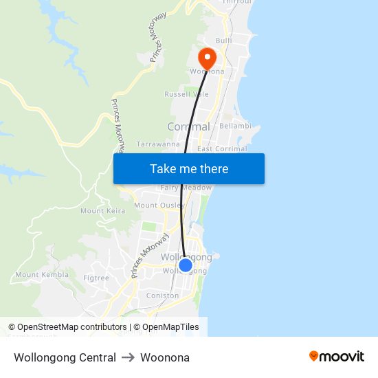 Wollongong Central to Woonona map