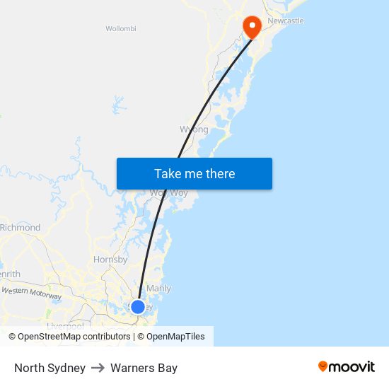 North Sydney to Warners Bay map