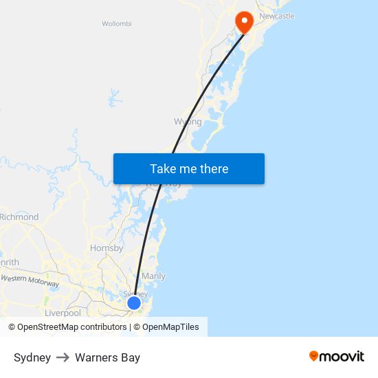 Sydney to Warners Bay map