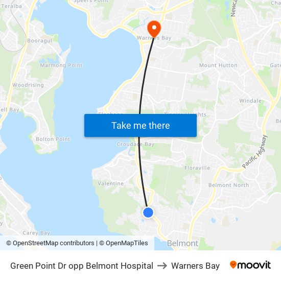 Green Point Dr opp Belmont Hospital to Warners Bay map