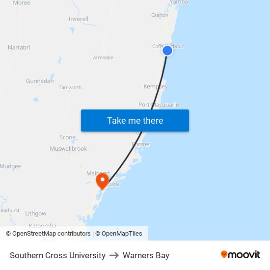 Southern Cross University to Warners Bay map