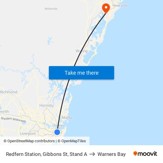 Redfern Station, Gibbons St, Stand A to Warners Bay map