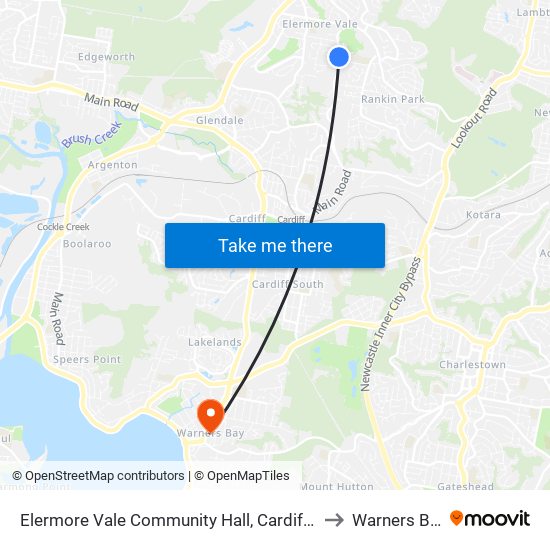 Elermore Vale Community Hall, Cardiff Rd to Warners Bay map