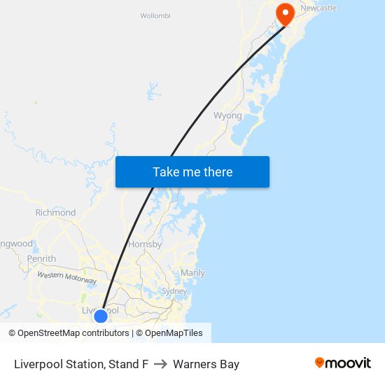 Liverpool Station, Stand F to Warners Bay map