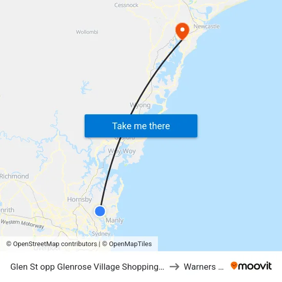 Glen St opp Glenrose Village Shopping Centre to Warners Bay map