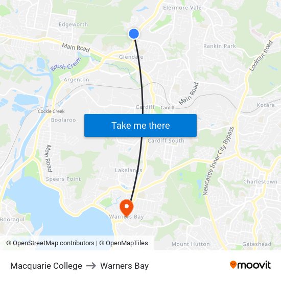 Macquarie College to Warners Bay map