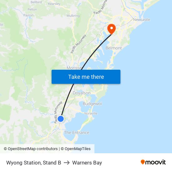 Wyong Station, Stand B to Warners Bay map