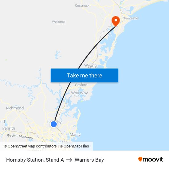 Hornsby Station, Stand A to Warners Bay map