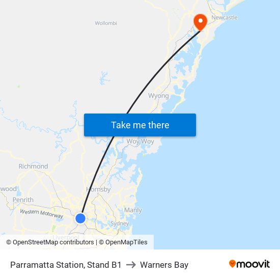 Parramatta Station, Stand B1 to Warners Bay map