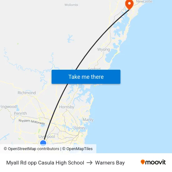 Myall Rd opp Casula High School to Warners Bay map