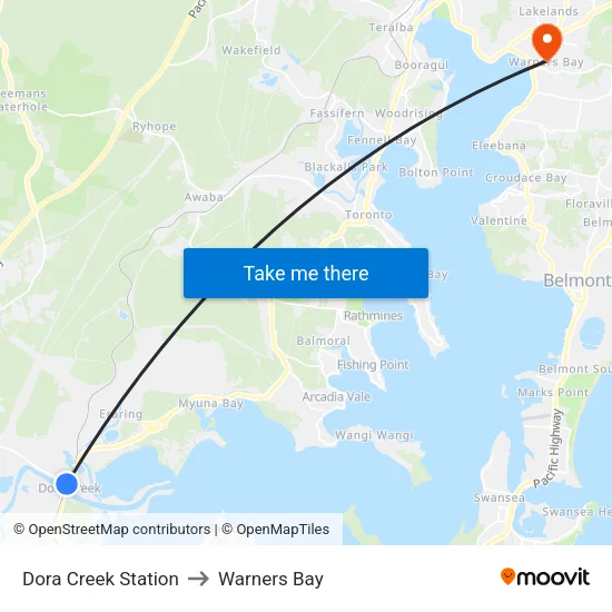 Dora Creek Station to Warners Bay map