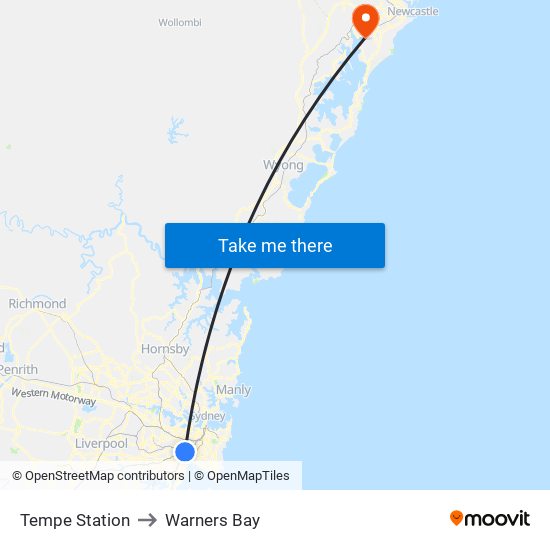 Tempe Station to Warners Bay map