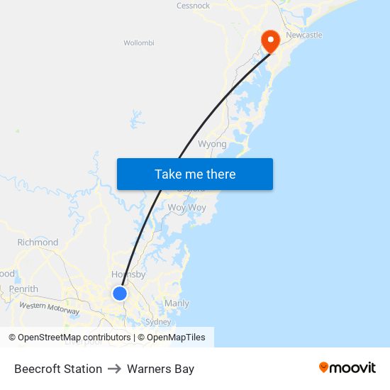 Beecroft Station to Warners Bay map