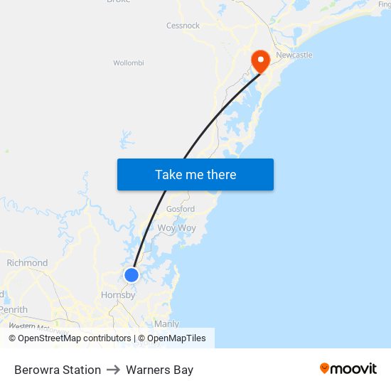 Berowra Station to Warners Bay map