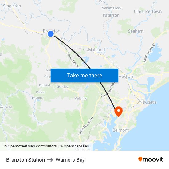 Branxton Station to Warners Bay map