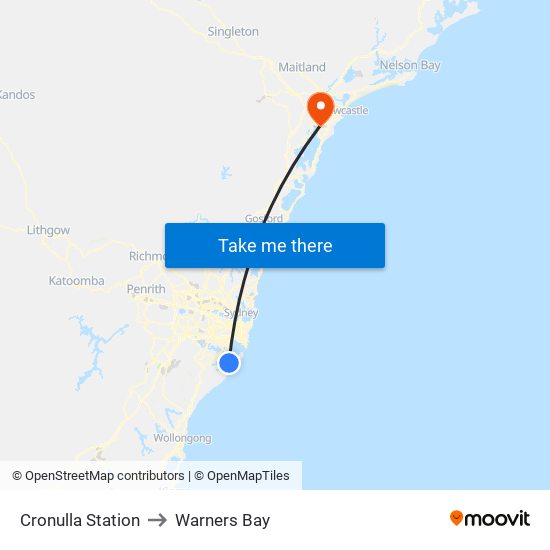 Cronulla Station to Warners Bay map