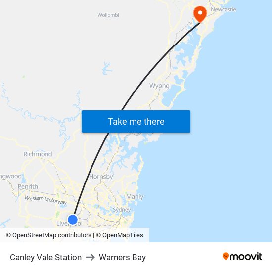 Canley Vale Station to Warners Bay map