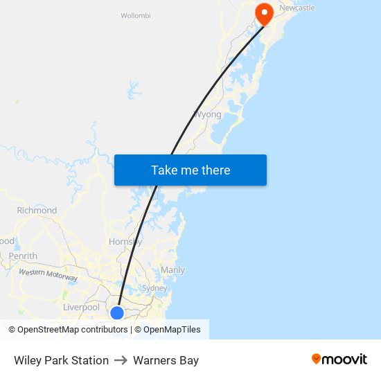 Wiley Park Station to Warners Bay map