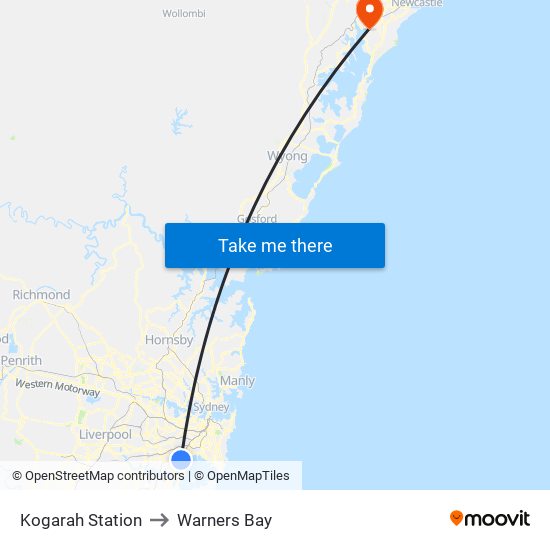 Kogarah Station to Warners Bay map