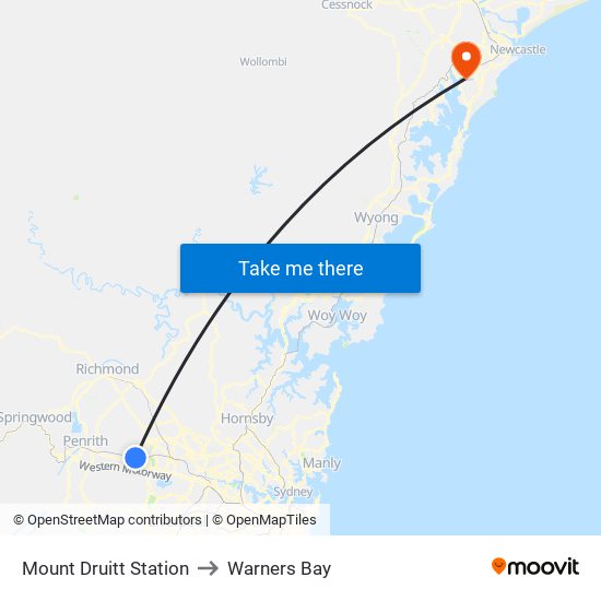 Mount Druitt Station to Warners Bay map