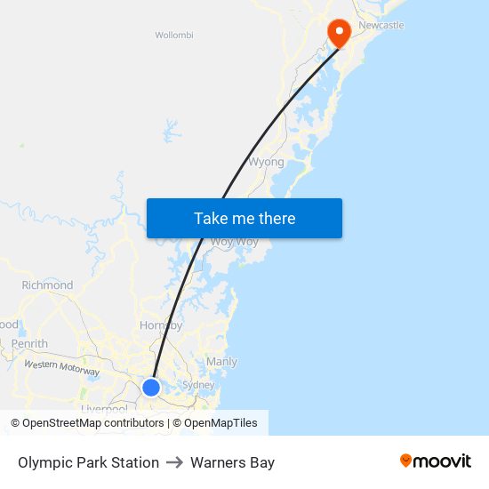 Olympic Park Station to Warners Bay map