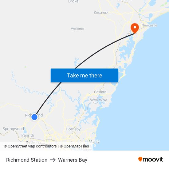 Richmond Station to Warners Bay map